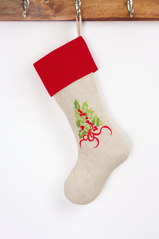 TBL0002 - Red & Natural Embroidered Holly Christmas Stocking
