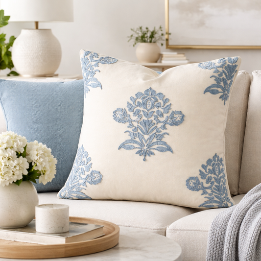 Blue Embroidered Floral Damask 18" Throw Pillow