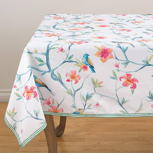 1460 - Bird Blossom 55"x55" Cotton Tablecloth – White & Multi