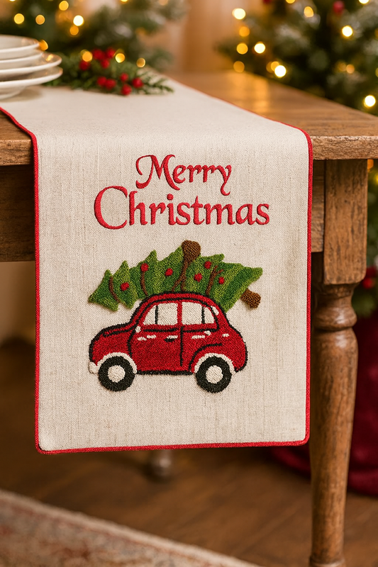 9031 - Embroidered Merry Christmas Red Car 16x72 Table Runner