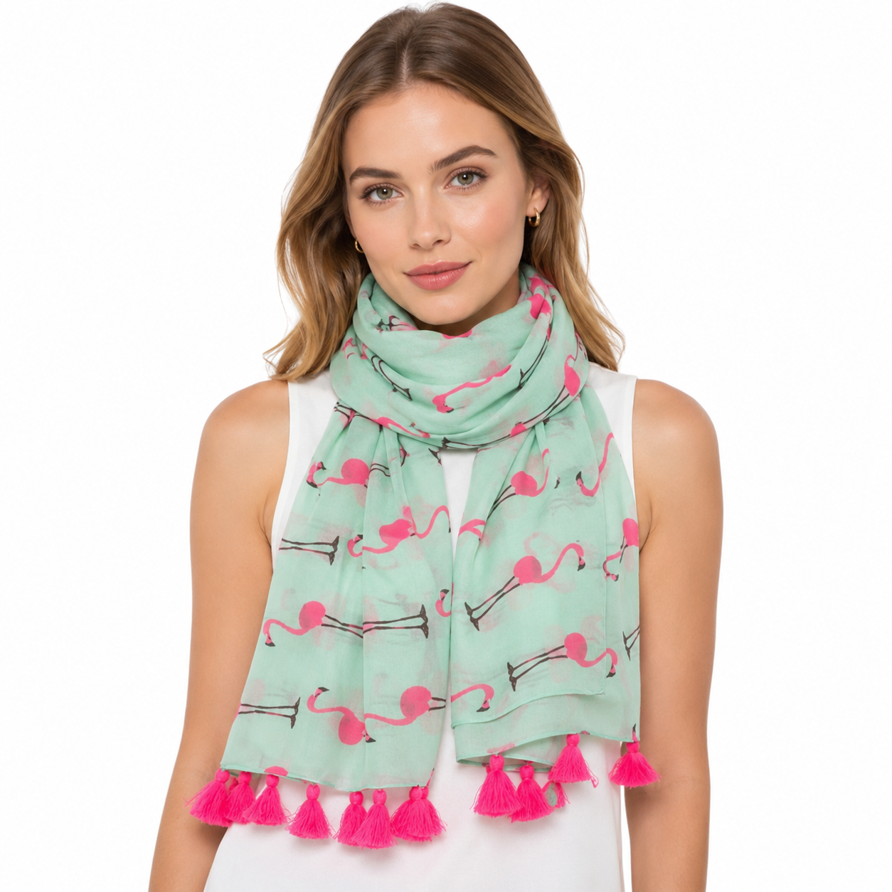 Green Flamingo Wrap Scarf with Tassel