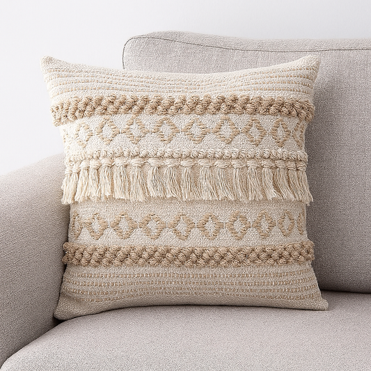 PLW0141 - Natural Handwoven Diamond Tassel 18" Throw Pillow