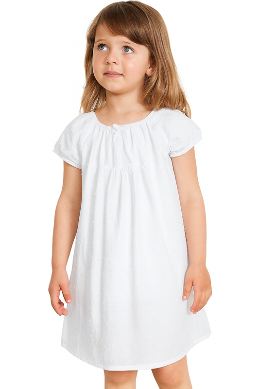 White Embroidered Swiss Dot Cotton Girl Night Dress