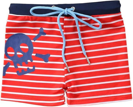 Red Skull Stripes Drawstring Boys’ Swim Short Trunks
