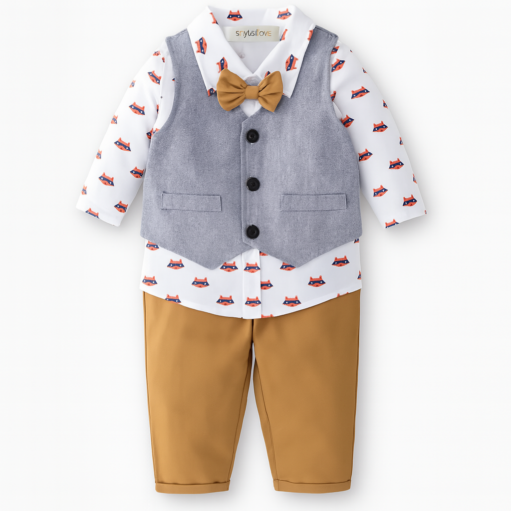 Fox Print Bowtie Shirt, Vest, and Pants 3-Piece Boy Outfit