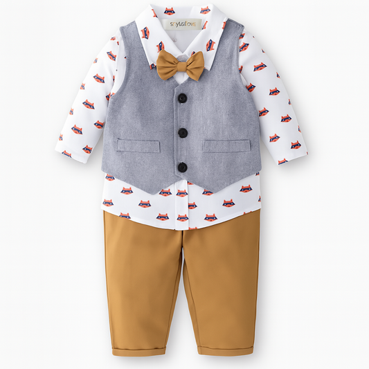 Fox Print Bowtie Shirt, Vest, and Pants 3-Piece Boy Outfit