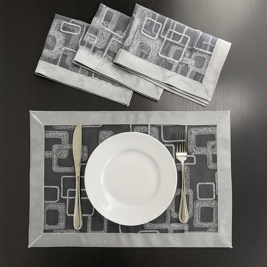 3713 - Embroidered Geometric Silver Border Sheer 13"X19" Placemat