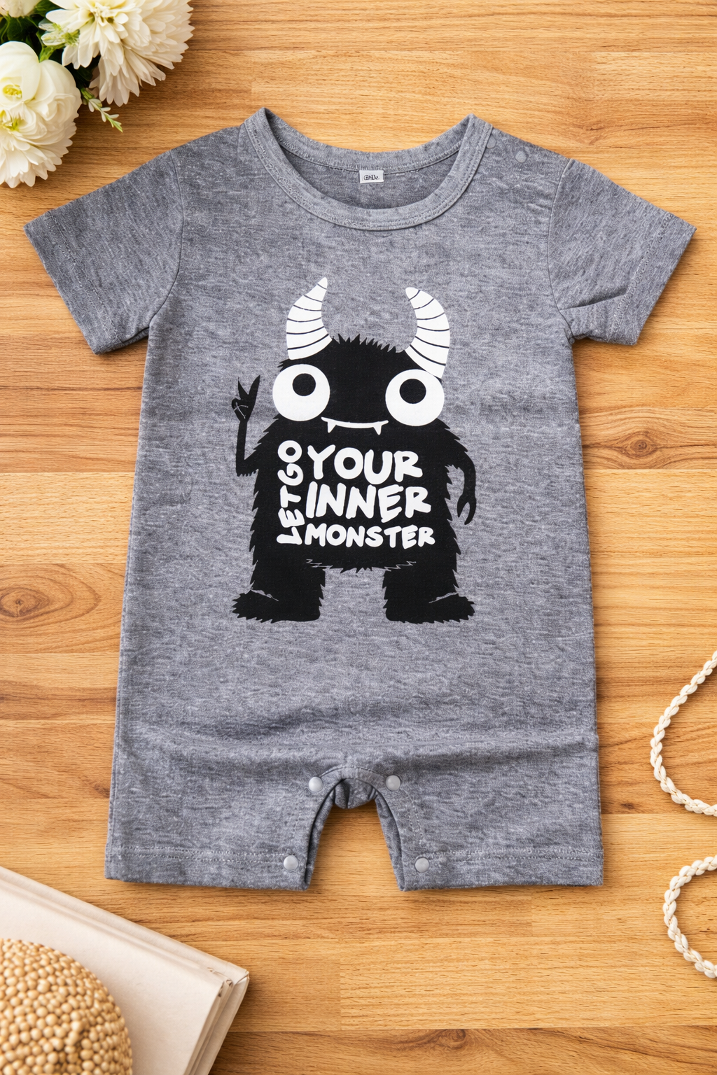 Gray Cute Graphic Cotton Baby Romper