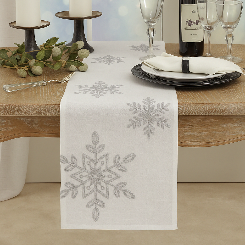70197 - Embroidered Silver Snowflake White Table Runner
