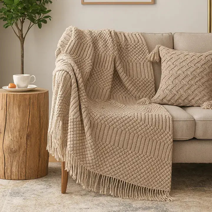 TH0037 - Beige Waffle Stripe Throw Blanket - 50"X60"