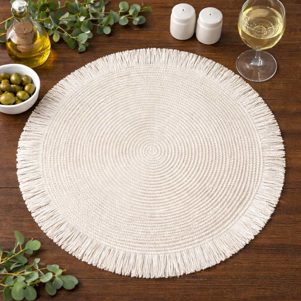 White Handwoven Fringe Boho 15" Round Placemat
