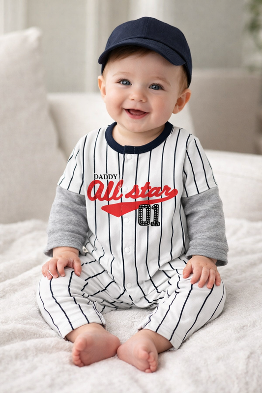 White Stripe Baseball Baby Romper