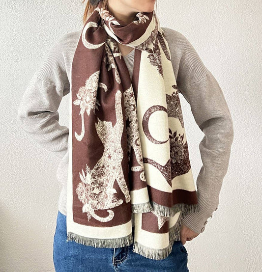 Red-Ivory Cat Print Reversible Cashmere Wrap Scarf