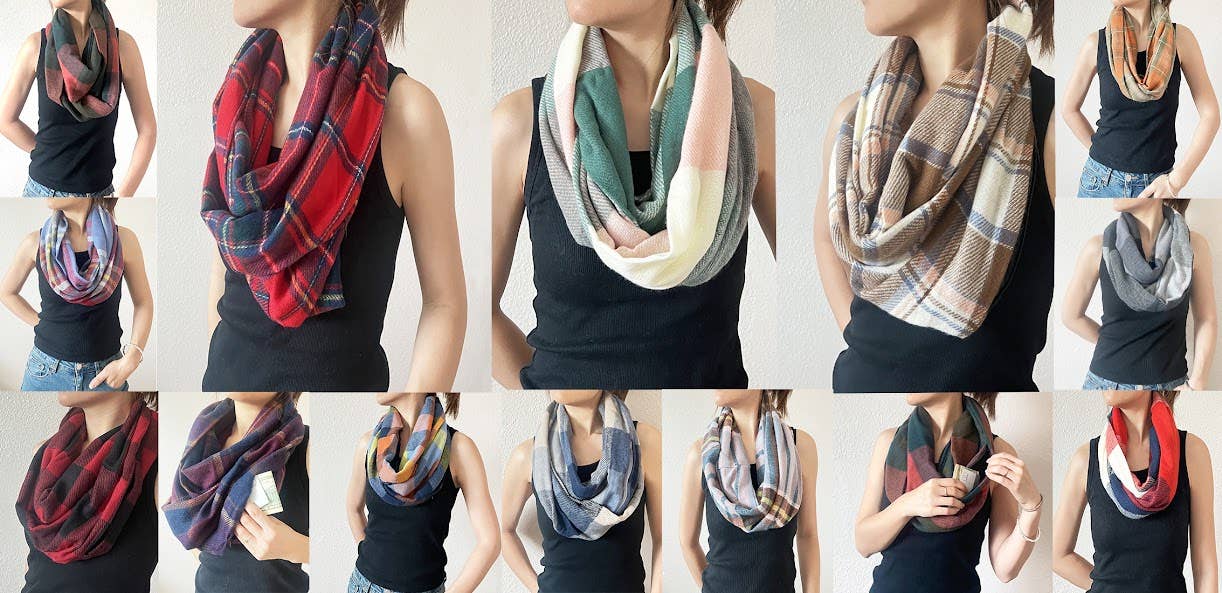 Stylish Plaid Infinity Scarf with Hidden Zipper Pocket