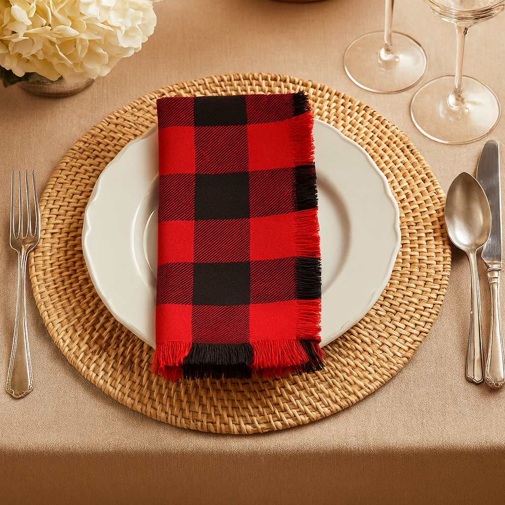 9026 - Red Black Fringed Buffalo Plaid Cotton 20" Dinner Napkin