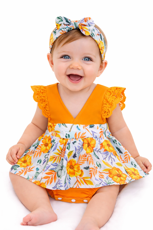 Orange White Harvest Pumpkin Baby Romper Dress & Headband
