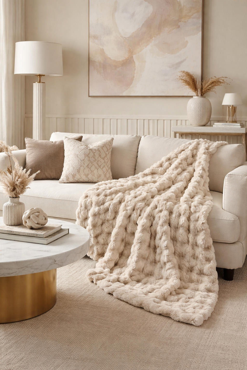 Beige Luxury Tufted Faux Fur Throw Blanket