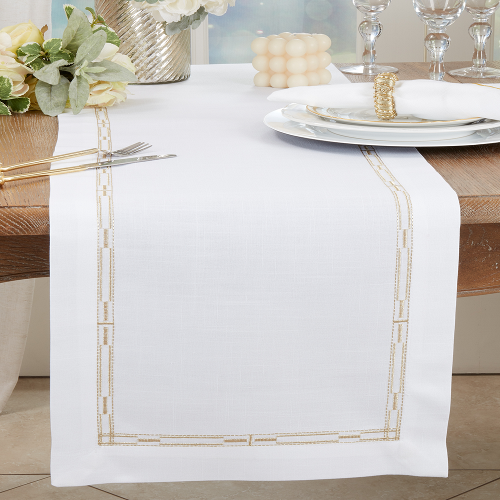 3496 - Gold Embroidered Border 16"x72" White Table Runner