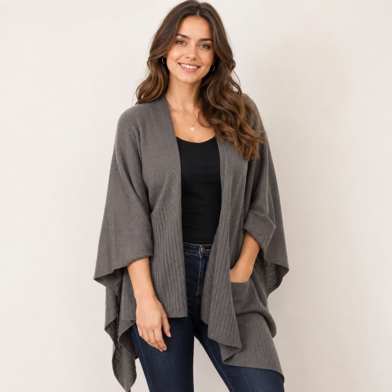 Slate Knit Poncho Wrap Cape with Pockets