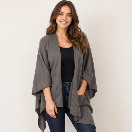Slate Knit Poncho Wrap Cape with Pockets