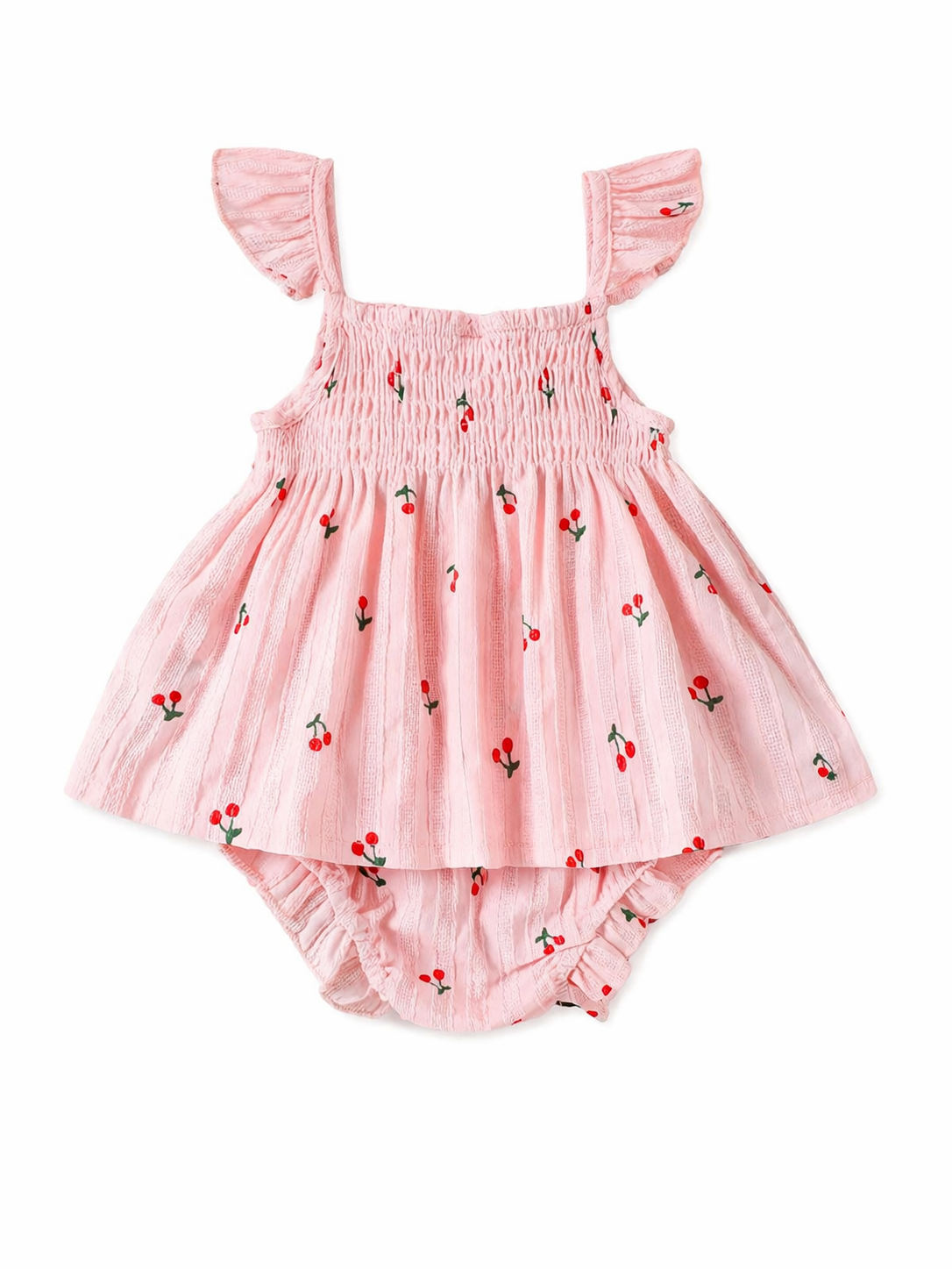 Pink Baby Girl Cherry Print Dress Set with Bloomers
