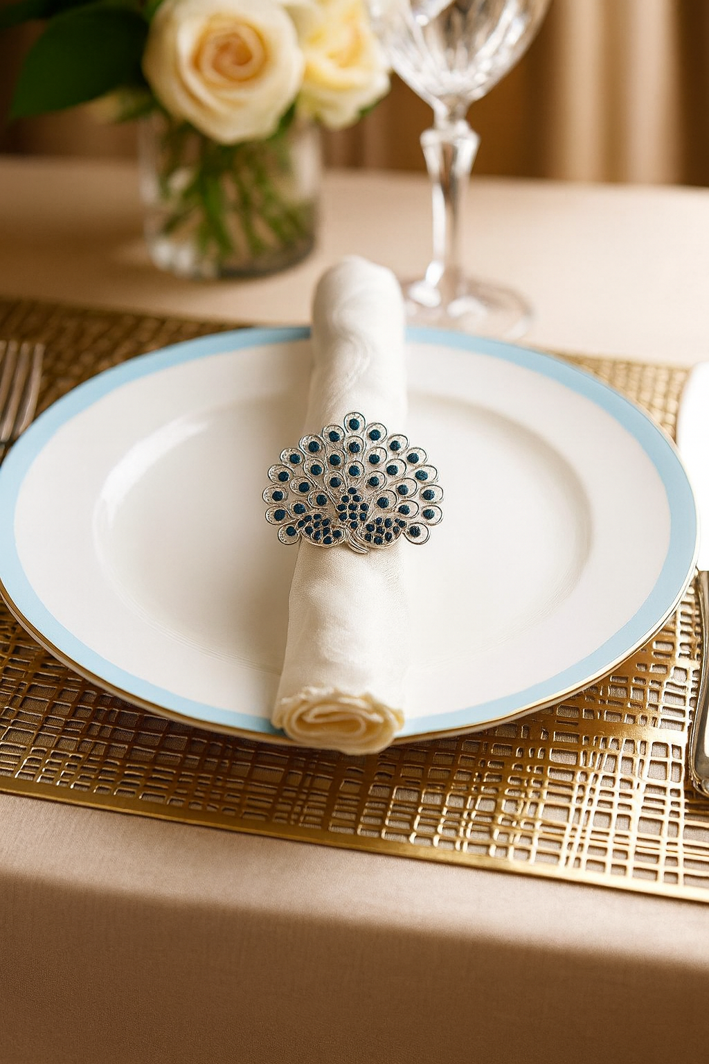 CH012 - Green Jeweled Peacock Design Napkin Ring