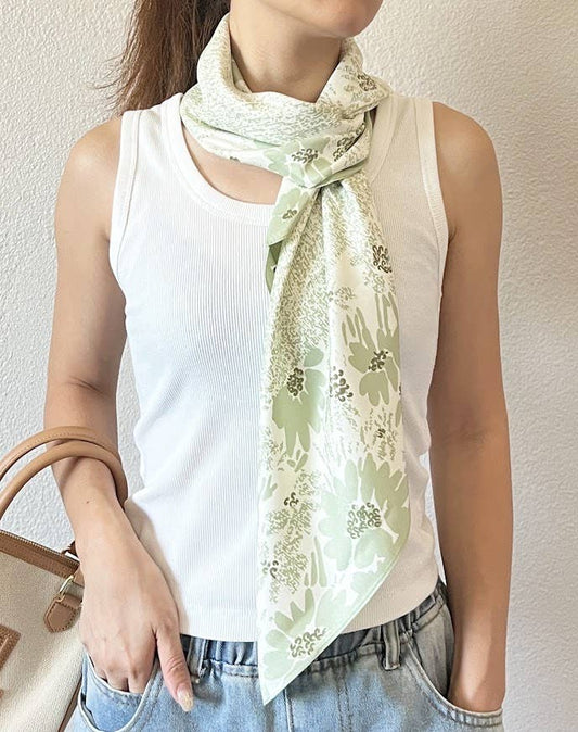 Sage Green Floral Silky Square Scarf