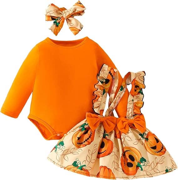 Orange Spooky Pumpkin 3pcs Baby Romper Dress Outfit