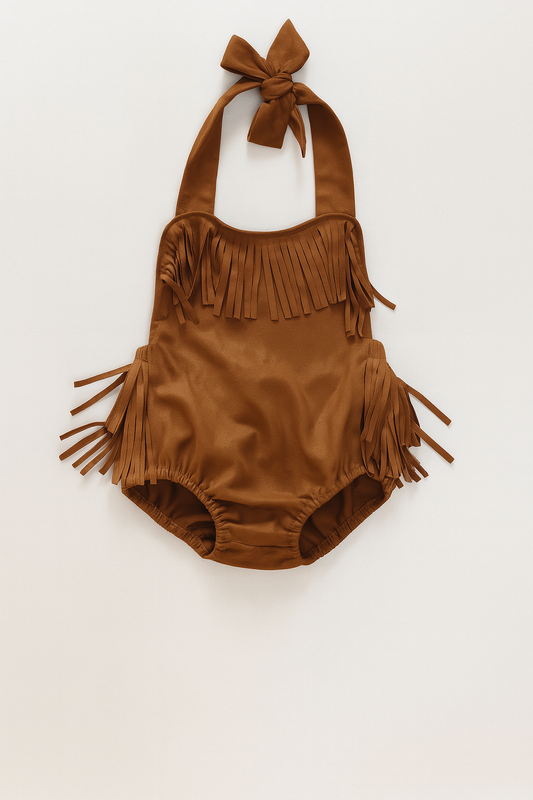 Brown Halter Fringe Suede Baby Sunsuit Romper