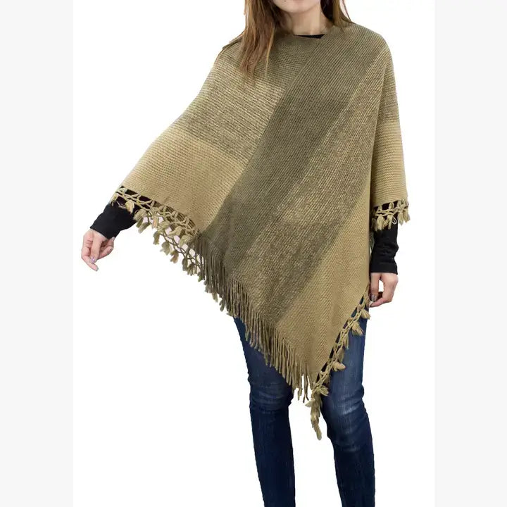Olive and Khaki Color Block Fringe Poncho Sweater