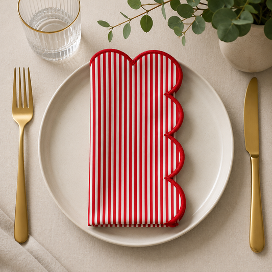 Red and White Scalloped Striped 20" Cloth Napkin