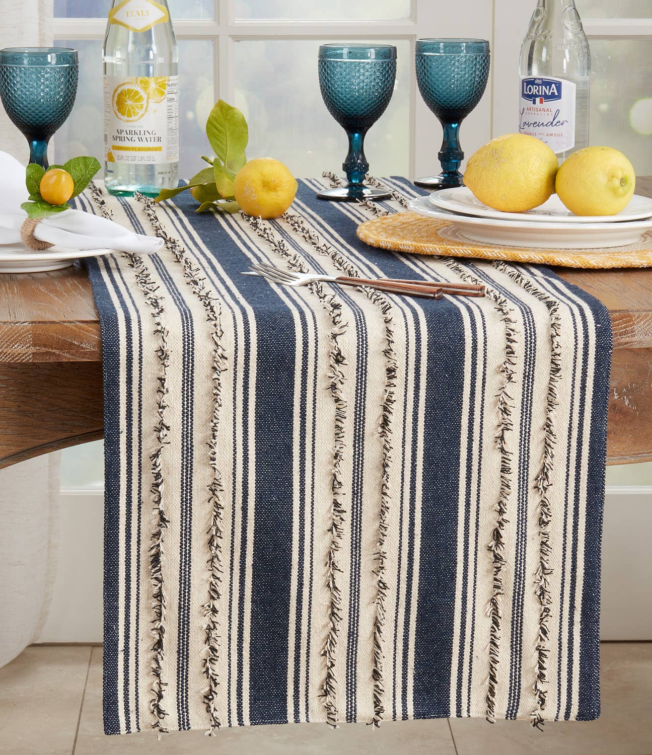 473 - Navy Fringe Stripe Cotton 16"x72" Table Runner