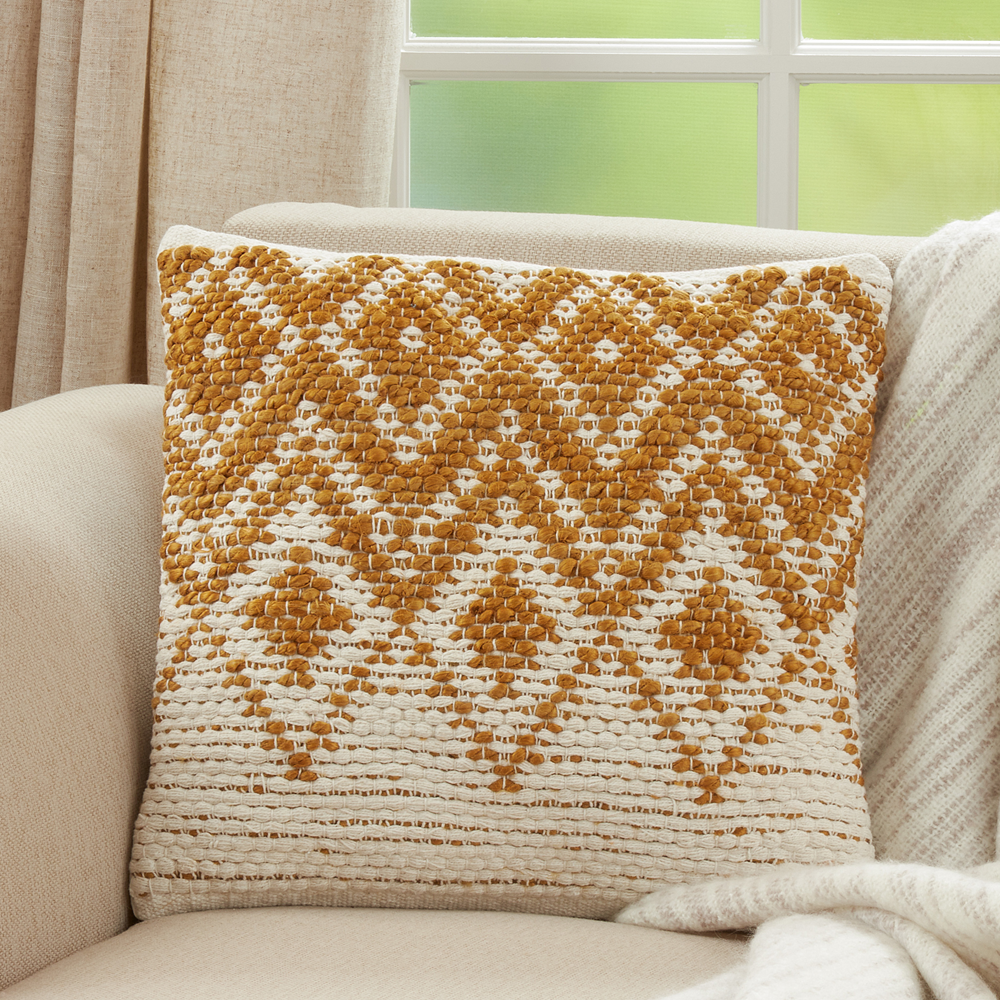 1728 - Gold & White Diamond Woven Cotton-Jute 18" Throw Pillow