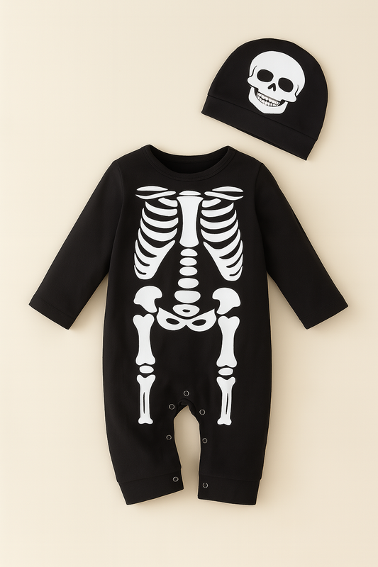 Black White Skeleton Cotton Halloween Baby Romper & Hat