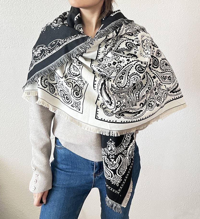 Black-White Paisley Reversible Cashmere Square Wrap Scarf