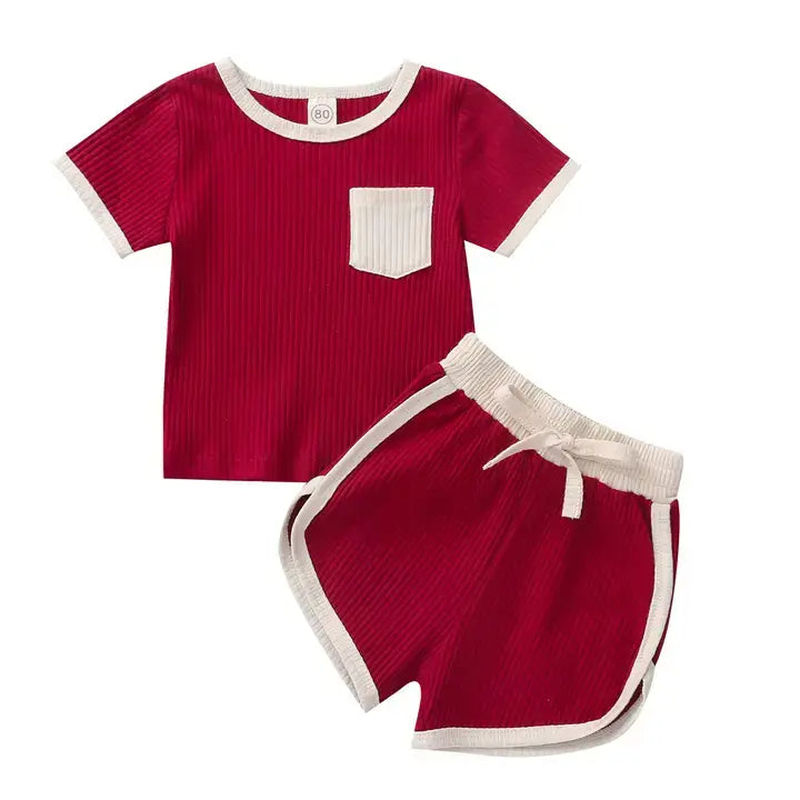 Red Contrast Binding Top & Shorts 2-Piece Little Kid Outfit