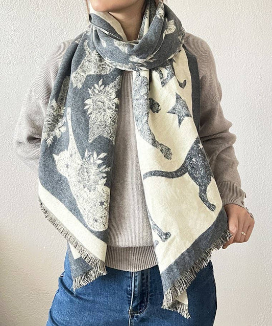Grey Cat Print Reversible Cashmere Wrap Scarf