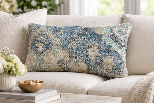 8387 - Distressed Rug Design Blue 14"x25" Throw Pillow