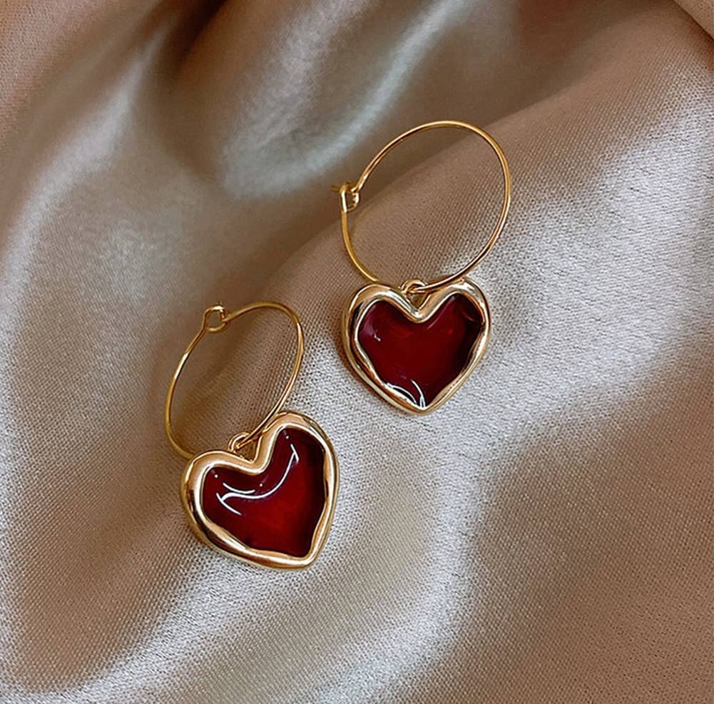 Gold Red Enamel Heart Hoop Earrings