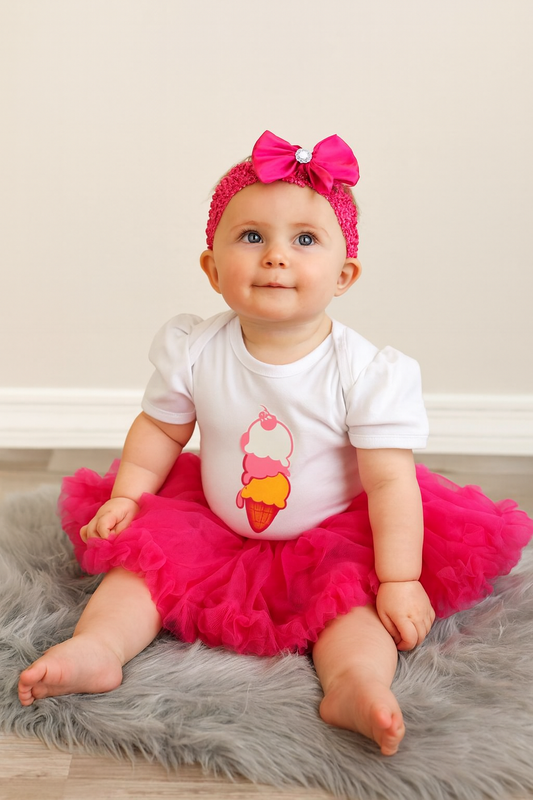 Fuchsia-White Ice-cream Romper Tutu Dress & Headband