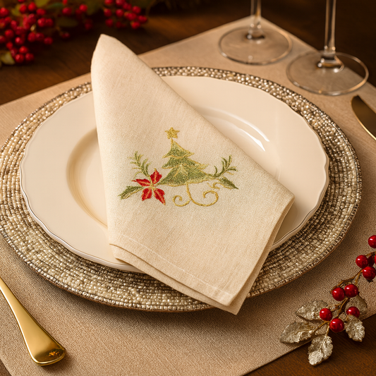 1710 - Embroidered Holiday Design Linen Blend 20" Dinner Napkin
