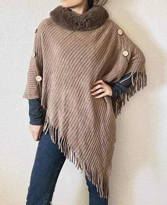 Khaki Fur Collar Ribbed Knit Poncho with Fringe