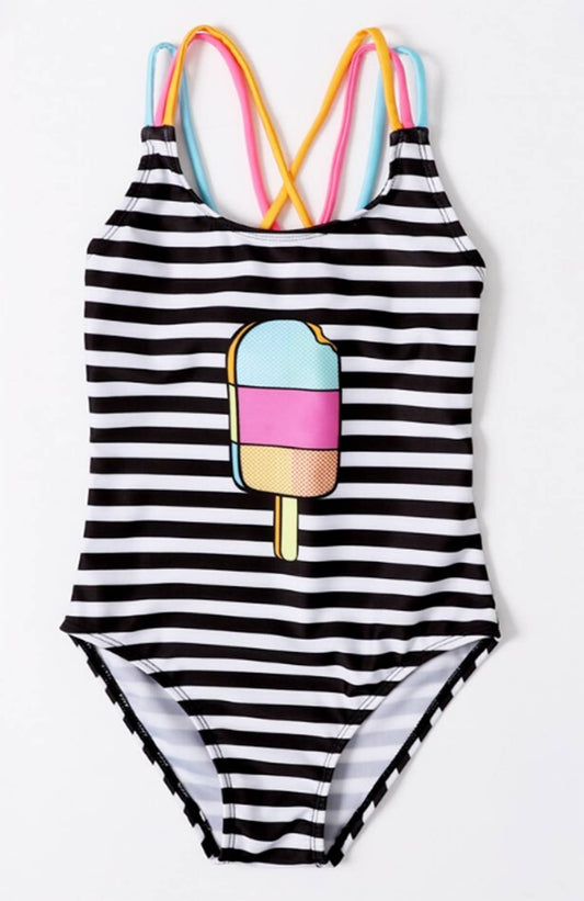 Black Popsicle Striped One-Piece Girl Swimsuit