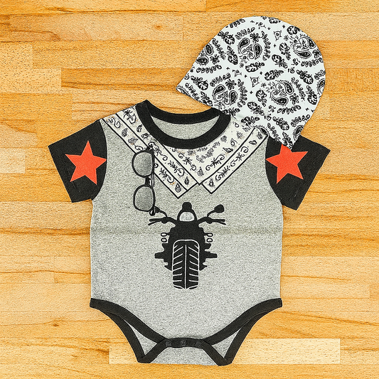 Grey Motorcycle Cotton Baby Romper and Hat