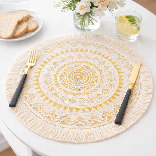 Yellow Boho Mandala Fringe Cotton 13" Placemat