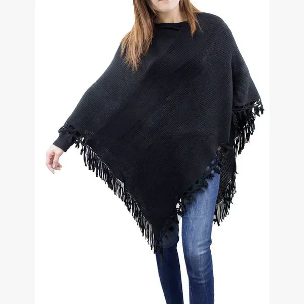 Black Color Block Fringe Poncho Sweater