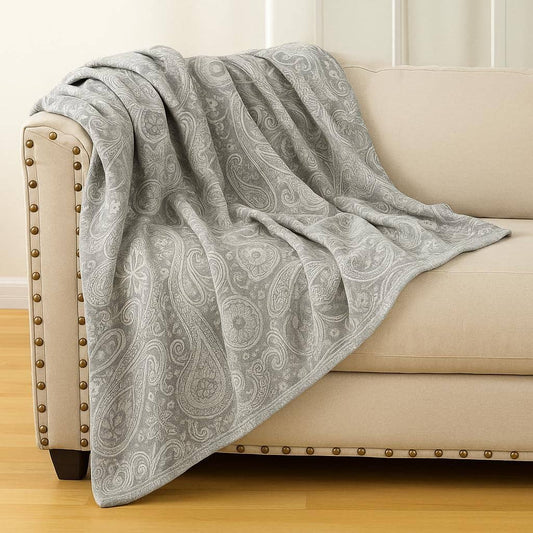TH0044 - Grey Paisley Jacquard Wool Blend Throw Blanket - 50"x60"