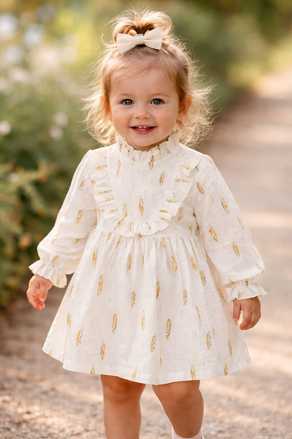 White Feather Print Girl Tunic Dress