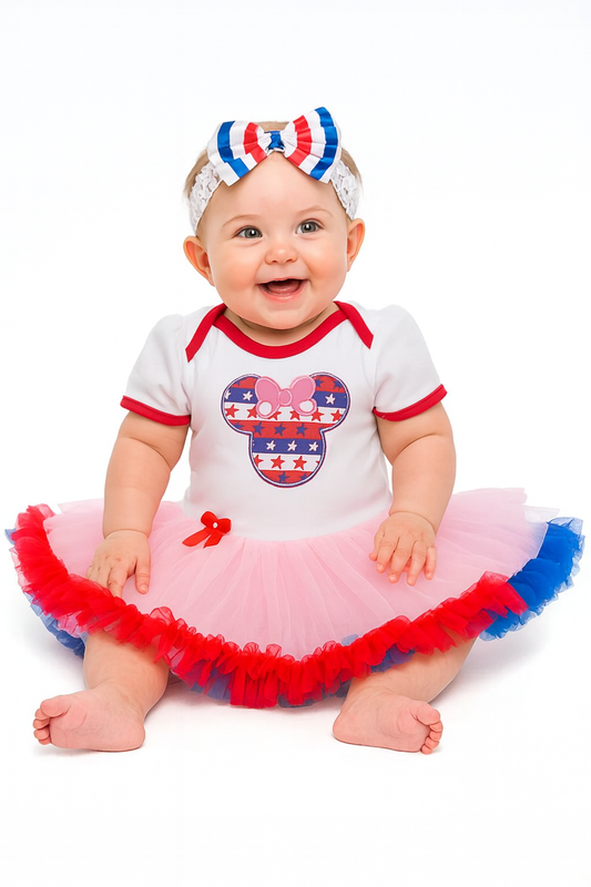 White American Flag Mouse Baby Romper Dress & Headband