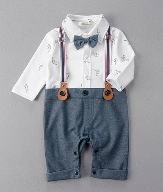 Dinosaur Print Tuxedo Suspender Baby Boy Romper